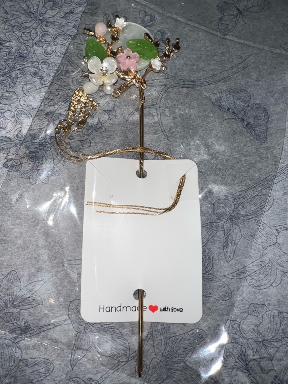 Gold Floral Hair Stick with Pink, Green and White Accents